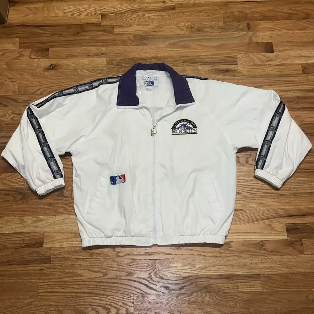 VINTAGE PRO PLAYER MLB COLORADO ROCKIES WHITE WINDBREAKER JACKET 1990s LARGE